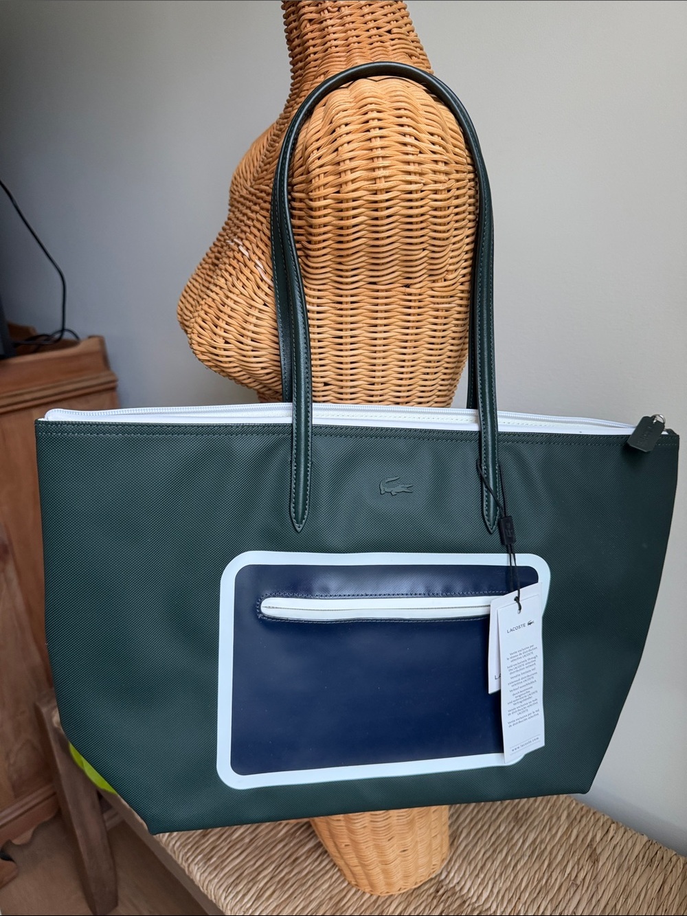 Lacoste Anna Dark Green Tote with Navy Front Pocket and White Trim